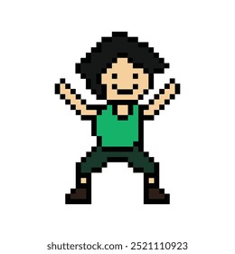 Cute pixel cartoon 8bit character man exercises training dance lifestyle music decoration life style 8 bit male boy dance with music game fitness isolated vector.