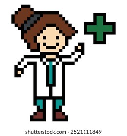 Cute pixel cartoon 8bit character man doctor or scientist game care for decoration pharmacist male doctor in hospital 8 bit male pixel art vector.