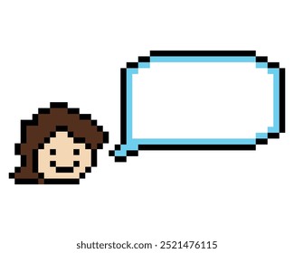 Cute pixel cartoon 8bit character face man with chat blank decoration 8 bit male boy say speak discuss idea chat box cartoon pixel game png vector.