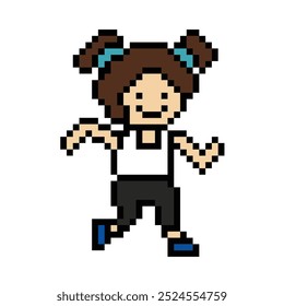 Cute pixel cartoon 8bit character woman lady run or running jog cardio lifestyle for decoration life style 8 bit female jog marathon exercise vector.