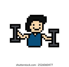 Desenho de pixel bonito 8bit personagem homem de treinamento de peso com estilo de vida de haltere levantamento ginásio decoração estilo de vida 8 bit masculino masculino fitness peso isolado vetor.