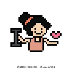 Cute pixel cartoon 8bit character feman weight training with dumbbell lifestyle lifting gym decoration life style 8 bit female lady girl weight fitness isolated vector.