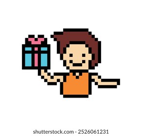 Cute pixel cartoon 8bit character man give gift box birthday christmas bonus reward surprise decoration 8 bit male boy give gift box shopping bonus christmas day game vector.