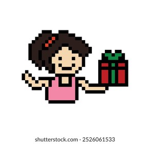 Cute pixel cartoon 8bit character woman give gift box birthday christmas bonus reward surprise decoration 8 bit female girl give gift box shopping bonus christmas day game vector.
