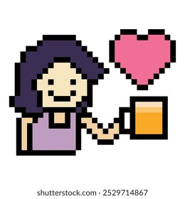 Dibujos animados de píxeles lindos 8 bits personaje mujer bebida cerveza alcohol fiesta hangout estilo de vida decoración estilo de vida 8 bits chica femenina bebiendo cerveza Vector aislado.