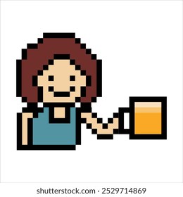 Dibujos animados de píxeles lindos 8 bits personaje mujer bebida cerveza alcohol fiesta hangout estilo de vida decoración estilo de vida 8 bits chica femenina bebiendo cerveza Vector aislado.