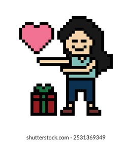 Cute pixel cartoon 8bit character woman give gift box birthday christmas bonus reward surprise decoration 8 bit female girl give gift box shopping bonus christmas day game vector.