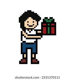 Cute pixel cartoon 8bit character man give gift box birthday christmas bonus reward surprise decoration 8 bit male boy give gift box shopping bonus christmas day game vector.