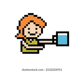 Desenho de pixel bonito homem de personagem de 8 bits beber água estilo de vida saudável decoração estilo de vida 8 bits masculino menino beber água água vidro isolado vetor.
