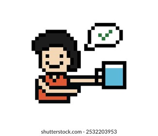 Cute pixel cartoon 8bit character man drink water healthy lifestyle decoration life style 8 bit male boy drinking health water glass isolated vector.