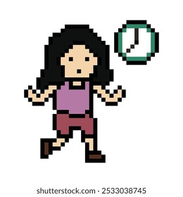 Desenho animado de pixel bonito personagem de 8 bits mulher senhora correr ou correndo jog cardio estilo de vida para decoração estilo de vida 8 bits feminino jog run maratona exercício vetor.