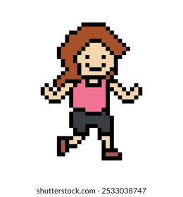 Desenho animado de pixel bonito personagem de 8 bits mulher senhora correr ou correndo jog cardio estilo de vida para decoração estilo de vida 8 bits feminino jog run maratona exercício vetor.