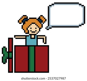Desenho animado de pixel bonito mulher personagem de 8 bits na caixa de presente aniversário Natal bônus de recompensa decoração surpresa 8 bits feminino menina bate-papo caixa de presente caixa de presente de compras bônus de Natal vetor de jogo de dia.