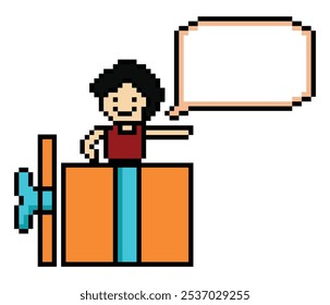 Cute pixel cartoon 8bit character man in gift box birthday christmas bonus reward surprise decoration 8 bit male boy chat box gift box shopping bonus christmas day game vector.