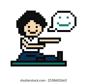 Cute pixel cartoon 8bit character man boy aerobic yoga exercises training lifestyle stretch decoration life style 8 bit male man exercise gym yoga fitness warm game vector.