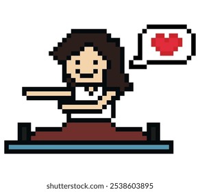 Cute pixel cartoon 8bit character woman lady aerobic yoga exercises training lifestyle stretch decoration life style 8 bit female girl exercise gym yoga fitness warm game vector.