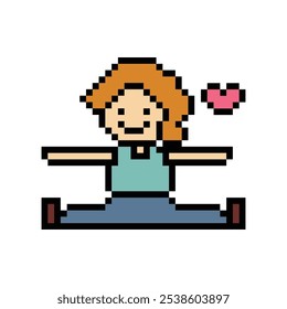 Cute pixel cartoon 8bit character woman lady aerobic yoga exercises training lifestyle stretch decoration life style 8 bit female girl exercise gym yoga fitness warm game vector.
