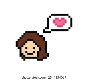 Dibujos animados de píxeles lindos 8 bits personaje mujer dama sentir amor felicidad feliz corazón emoción estilo de vida decoración estilo de vida 8 bits chica divertida feliz sentimiento juego Vector aislado.