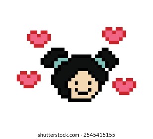 Dibujos animados de píxeles lindos 8 bits personaje mujer dama sentir amor felicidad feliz corazón emoción estilo de vida decoración estilo de vida 8 bits chica divertida feliz sentimiento juego Vector aislado.