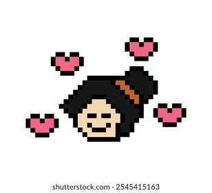 Dibujos animados de píxeles lindos 8 bits personaje mujer dama sentir amor felicidad feliz corazón emoción estilo de vida decoración estilo de vida 8 bits chica divertida feliz sentimiento juego Vector aislado.