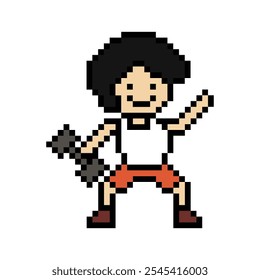 Cute pixel cartoon 8bit character man weight training with dumbbell lifestyle lifting gym decoration life style 8 bit male boy weight fitness isolated vector.