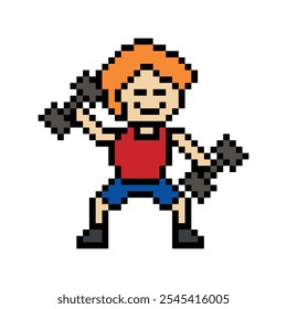 Cute pixel cartoon 8bit character man weight training with dumbbell lifestyle lifting gym decoration life style 8 bit male boy weight fitness isolated vector.