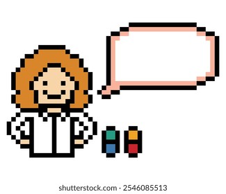 Dibujos animados de píxeles lindos 8 bits personaje mujer doctor o científico decoración de juegos farmacéutico médico femenino uniforme hospital de salud 8 bits mujer pixel art Vector.