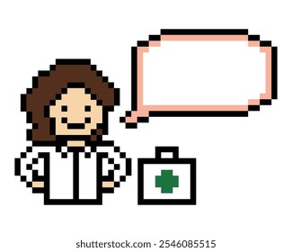 Dibujos animados de píxeles lindos 8 bits personaje mujer doctor o científico decoración de juegos farmacéutico médico femenino uniforme hospital de salud 8 bits mujer pixel art Vector.