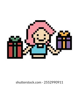 Cute pixel cartoon 8bit character woman give gift box birthday christmas bonus reward surprise decoration 8 bit female girl give gift box shopping bonus christmas day game vector.