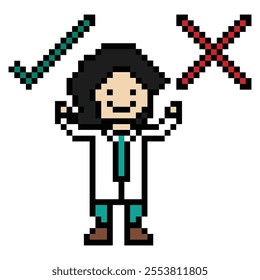 Cute pixel cartoon 8bit character woman doctor or scientist game care for decoration pharmacist female doctor lady uniform in hospital 8 bit pixel art vector.