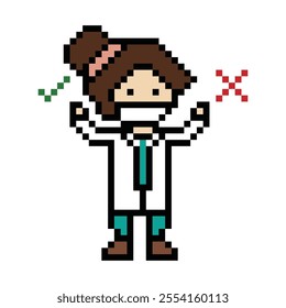 Cute pixel cartoon 8bit character man doctor or scientist game care for decoration pharmacist male doctor in hospital 8 bit male pixel art vector.