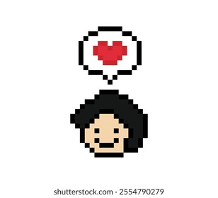 Cute pixel cartoon 8bit character man feel love happy happiness heart emotion lifestyle decoration life style 8 bit male boy happy favorite like mood game isolated vector.