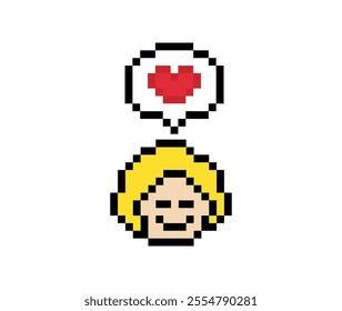 Cute pixel cartoon 8bit character man feel love happy happiness heart emotion lifestyle decoration life style 8 bit male boy happy favorite like mood game isolated vector.