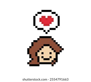 Cute pixel cartoon 8bit character woman lady feel love happy happiness heart emotion lifestyle decoration life style 8 bit female girl fun happy like favorite mood game isolated vector.