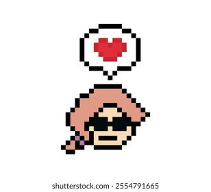 Cute pixel cartoon 8bit character woman lady feel love happy happiness heart emotion lifestyle decoration life style 8 bit female girl fun happy like favorite mood game isolated vector.