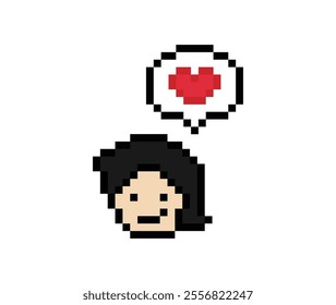 Cute pixel cartoon 8bit character man feel love happy happiness heart emotion lifestyle decoration life style 8 bit male boy happy favorite like mood game isolated vector.