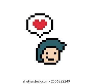 Cute pixel cartoon 8bit character man feel love happy happiness heart emotion lifestyle decoration life style 8 bit male boy happy favorite like mood game isolated vector.