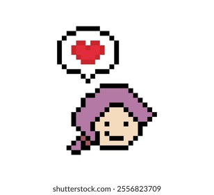 Cute pixel cartoon 8bit character woman lady feel love happy happiness heart emotion lifestyle decoration life style 8 bit female girl fun happy like favorite mood game isolated vector.