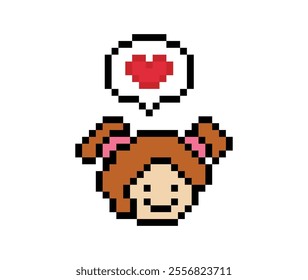 Cute pixel cartoon 8bit character woman lady feel love happy happiness heart emotion lifestyle decoration life style 8 bit female girl fun happy like favorite mood game isolated vector.