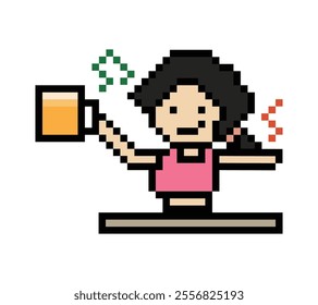 Cute pixel cartoon 8bit character woman drink beer alcohol party hangout lifestyle decoration life style 8 bit female girl drinking beer isolated vector.