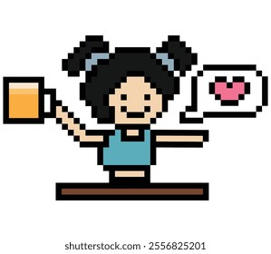 Cute pixel cartoon 8bit character woman drink beer alcohol party hangout lifestyle decoration life style 8 bit female girl drinking beer isolated vector.