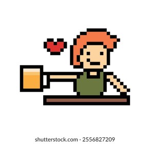 Cute pixel cartoon 8bit character man drink beer alcohol party lifestyle decoration life style 8 bit male boy drinking beer hangout isolated vector.