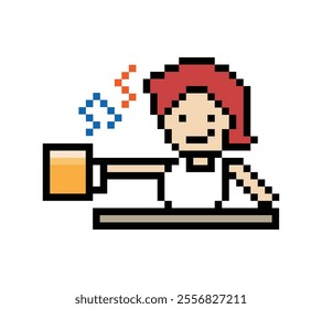 Cute pixel cartoon 8bit character man drink beer alcohol party lifestyle decoration life style 8 bit male boy drinking beer hangout isolated vector.