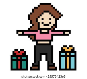 Cute pixel cartoon 8bit character woman give gift box birthday christmas bonus reward surprise decoration 8 bit female girl give gift box shopping bonus christmas day game vector.