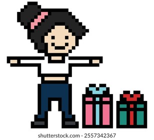 Cute pixel cartoon 8bit character woman give gift box birthday christmas bonus reward surprise decoration 8 bit female girl give gift box shopping bonus christmas day game vector.