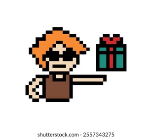 Cute pixel cartoon 8bit character man give gift box birthday christmas bonus reward surprise decoration 8 bit male boy give gift box shopping bonus christmas day game 8 bit vector.