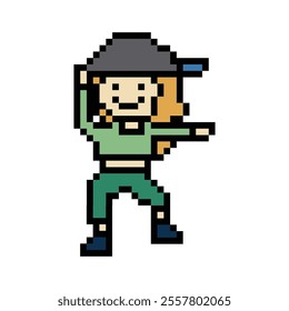 Cute pixel cartoon 8bit character woman exercises training dance lifestyle music decoration life style 8 bit female girl dance with music game fitness isolated vector.