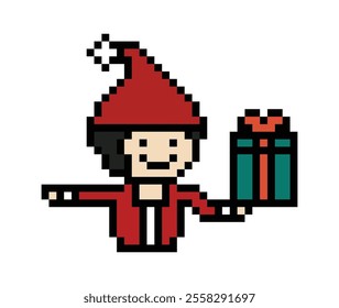 Cute pixel cartoon 8bit character man give gift box birthday christmas santa claus reward surprise decoration 8 bit male boy give gift box shopping bonus christmas day game 8 bit vector.