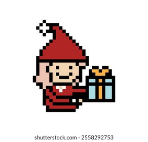 Cute pixel cartoon 8bit character woman give gift box birthday christmas santa claus reward surprise decoration 8 bit female girl gift box shopping bonus christmas day game 8 bit vector.