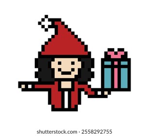 Cute pixel cartoon 8bit character woman give gift box birthday christmas santa claus reward surprise decoration 8 bit female girl gift box shopping bonus christmas day game 8 bit vector.